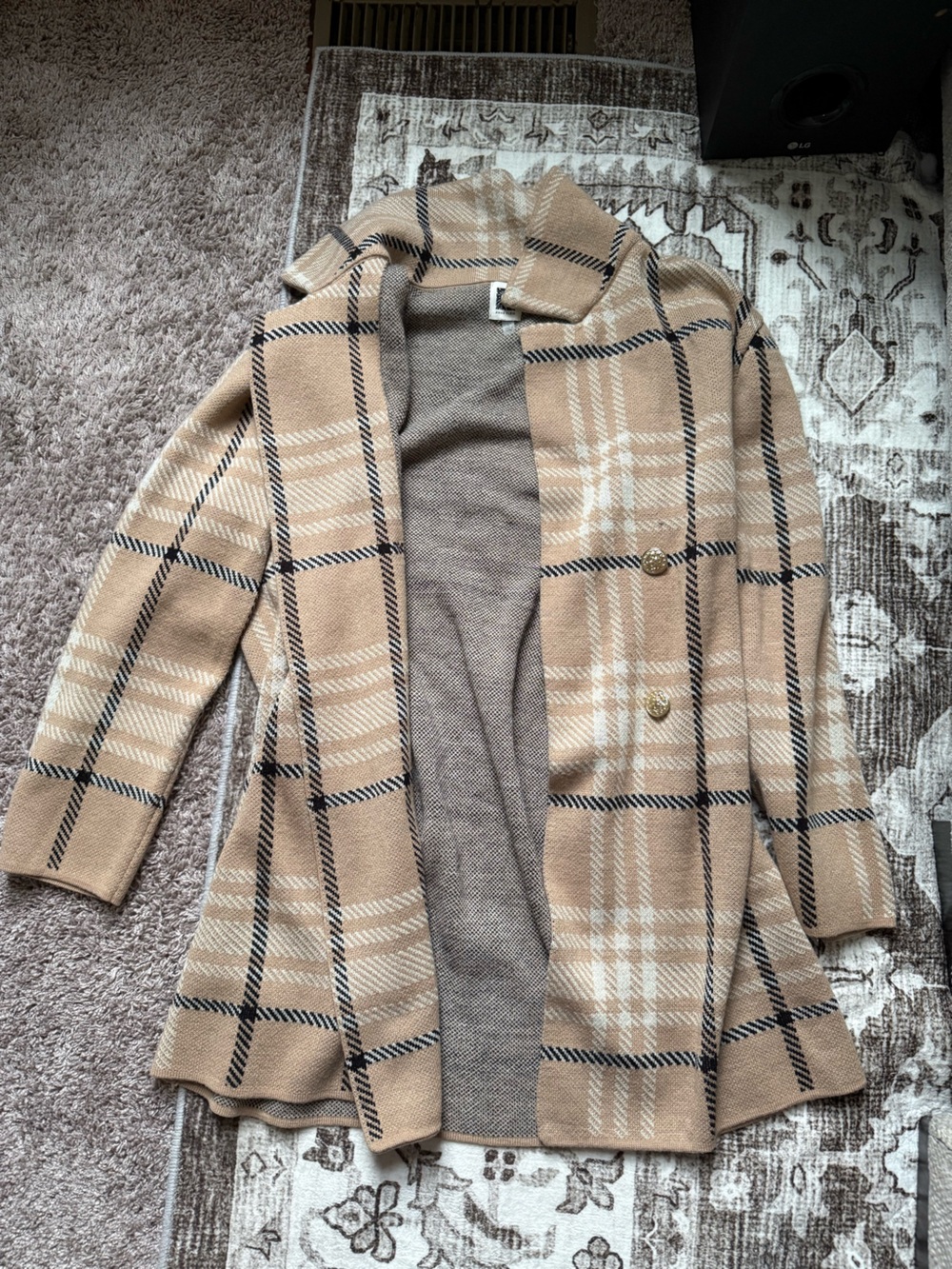 Anne Klein Beige Plaid Double-Breasted Pea Coat
